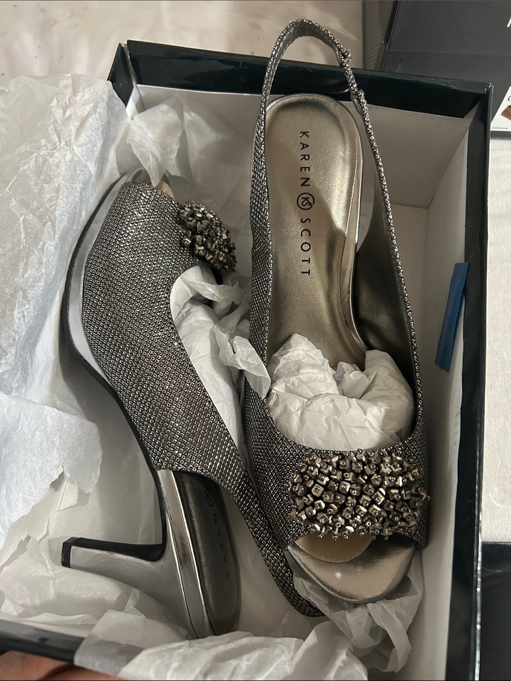 Karen Scott Gunmetal Embellished Peep-Toe Slingback Heels